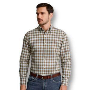 Ralph Lauren L Brown Blue Plaid Cotton Button Down Shirt Custom Fit Pony Preppy